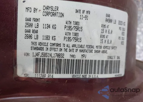 1992 Jeep Cherokee Laredo z USA, uszkodzony, nr VIN 1J4FJ58S1NL170832